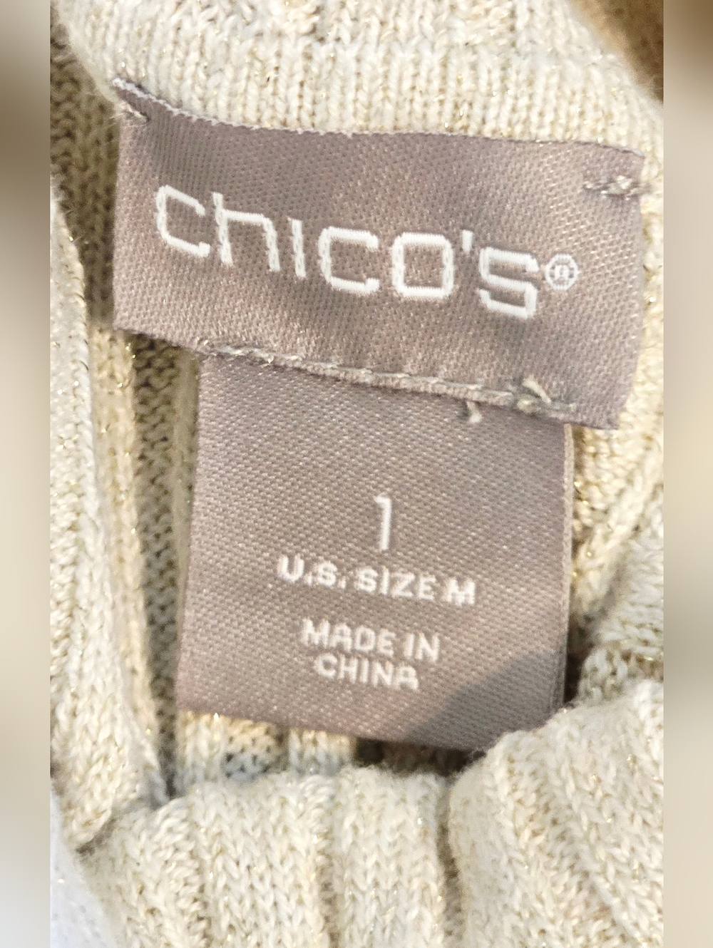 Chico’s Cream Ribbed Turtleneck Sweater Metallic Shimmer Knit Size 1 (M) - Picture 12 of 12
